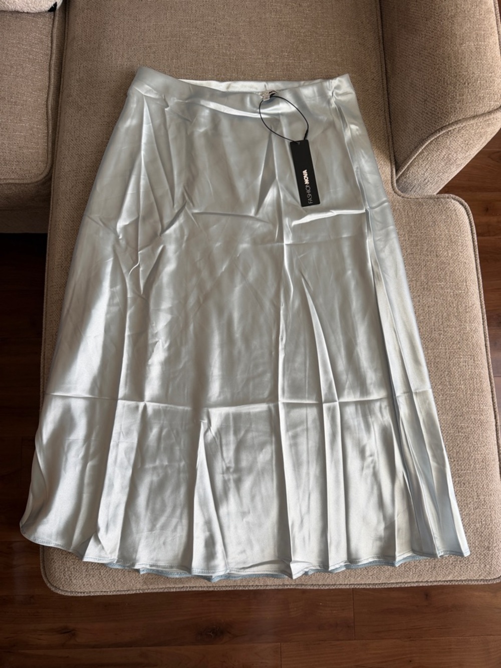 Fashion Nova Pale Aqua Satin Midi Skirt